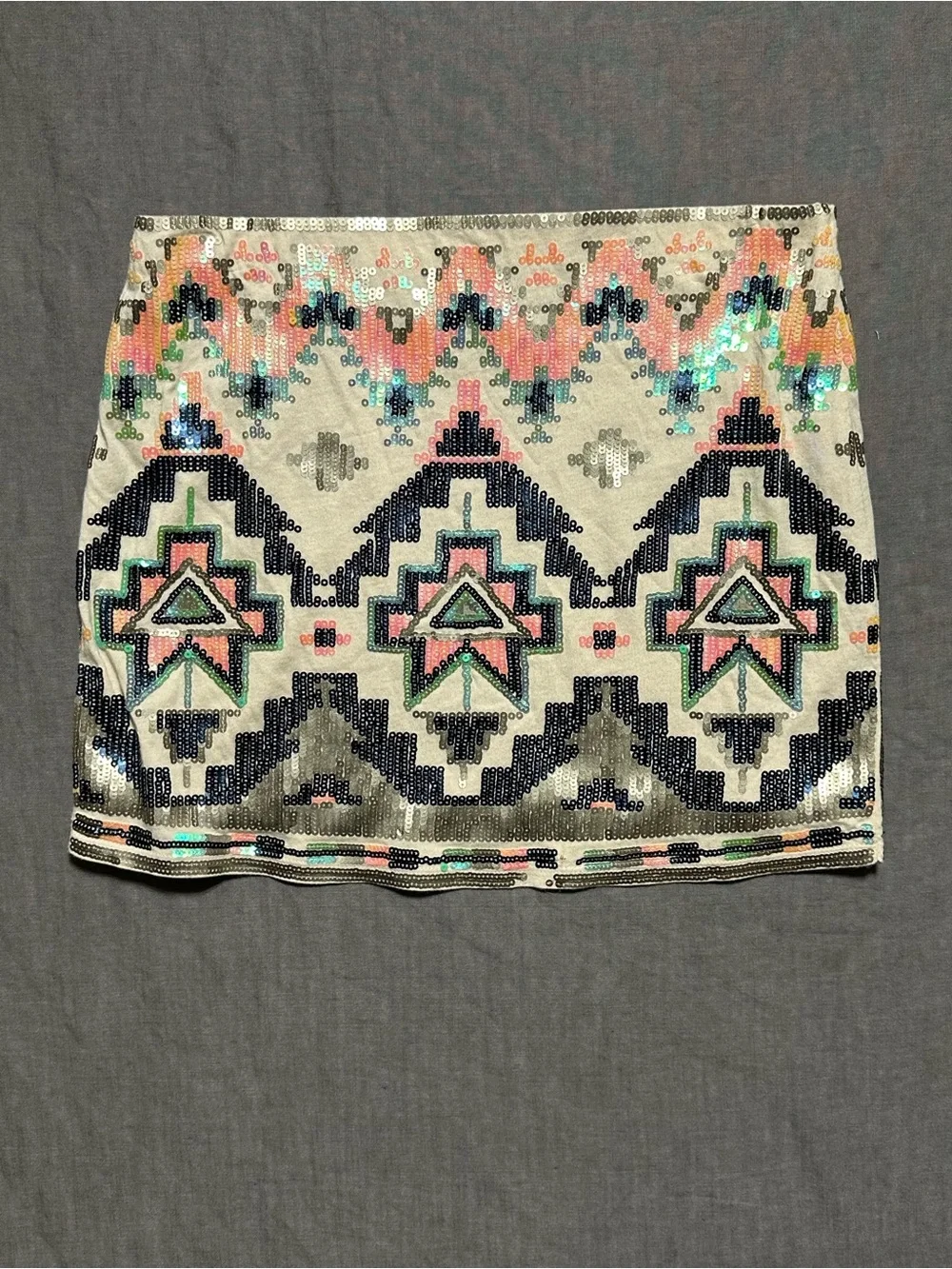 Express Sequin Aztec Mini Skirt in Cream, Black, Pink and Teal
